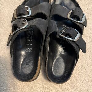 Birkenstock Black Slides with Metallic Buckles